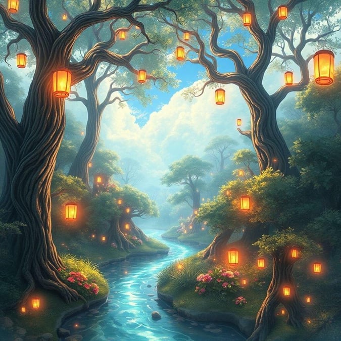 A tranquil scene set in a mystical forest where nature and technology harmoniously blend. Tall trees with winding rivers flow through their midst, adorned by lanterns that add an enchanting ambiance to the serene landscape.