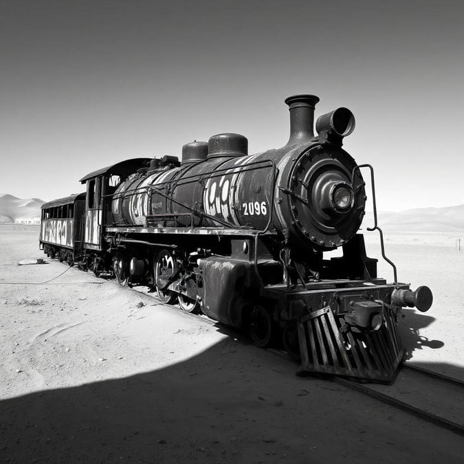 Uma antiga locomotiva, numerada '1042', em sua viagem final em uma paisagem desolada.