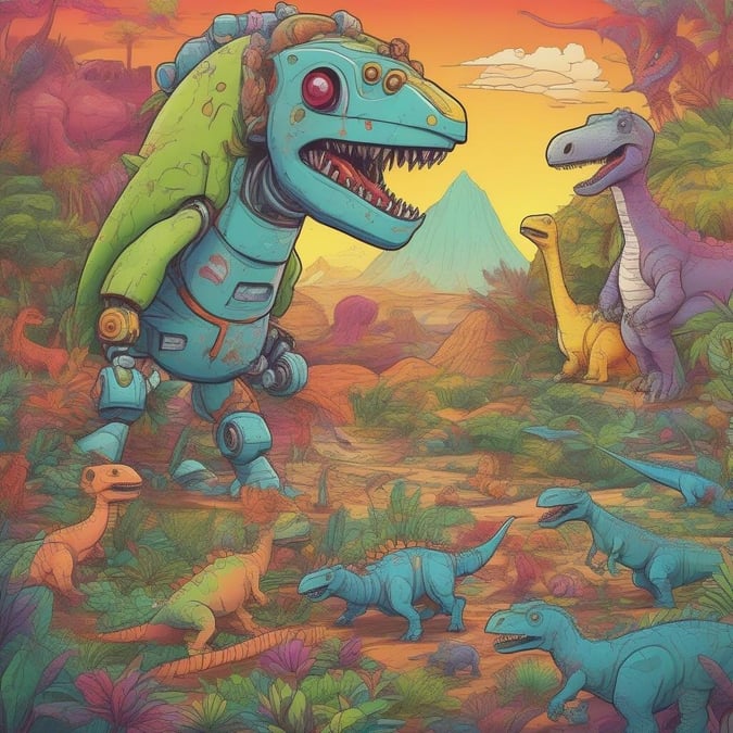 A friendly robot befriends prehistoric dinosaurs, including a vibrant T-Rex and an intrepid Velociraptor, amidst a colorful landscape. A whimsical adventure ensues as they explore the wild world together.