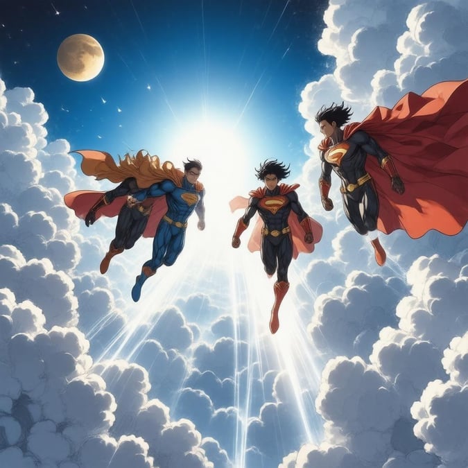 Erleben Sie den Nervenkitzel von Anime-Superhelden im Flug mit diesem fesselnden Hintergrundbild. Das Team aus vier Helden, mit einem links und zwei rechts, schafft ein Gefühl von Einheit und Stärke, während sie durch die Wolken fliegen. Der dunkelblaue Himmel mit verstreuten weißen Wolken und einem kleinen gelben Mond in der oberen linken Ecke verleiht der Szene Tiefe und Dramatik.