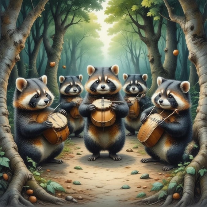 Immerse yourself in the enchanting world of anime with this captivating wallpaper featuring a group of tanuki musicians amidst a vibrant forest.