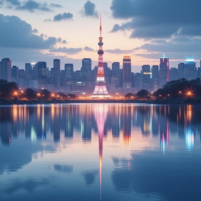 A digital illustration of a futuristic Tokyo cityscape. The iconic Tokyo Tower stands as the focal point, reflecting off the water in front. Buildings with vibrant neon lights create a dynamic and colorful skyline, while the still waters below offer a peaceful reflection.