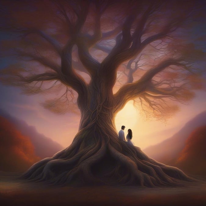 A romantic scene of a couple standing under a majestic tree, capturing the beauty of love and nature.