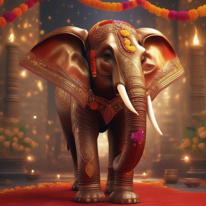 Embrace the joyous spirit of Diwali with this vibrant wallpaper. An adorned elephant stands majestically, marking the festive occasion, while the background flickers with candlelights and temple decorations.