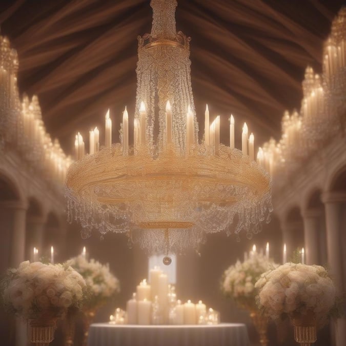 An opulent reception hall at sunset, complete with a chandelier, columns and floral arrangements.