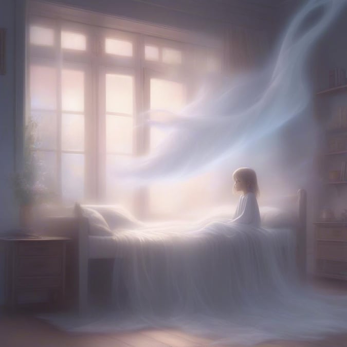 This wallpaper features an anime girl sitting on a bed in a dreamy room, surrounded by a soft and ethereal atmosphere. The girl's long hair flows gently in the breeze, and her eyes are closed as if she is lost in thought.