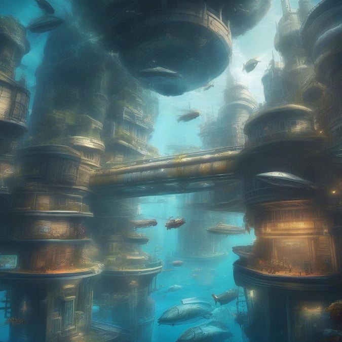 An underwater gaming background featuring futuristic ruins. Dive into a submerged world, rich in marine life and mysterious ancient structures.