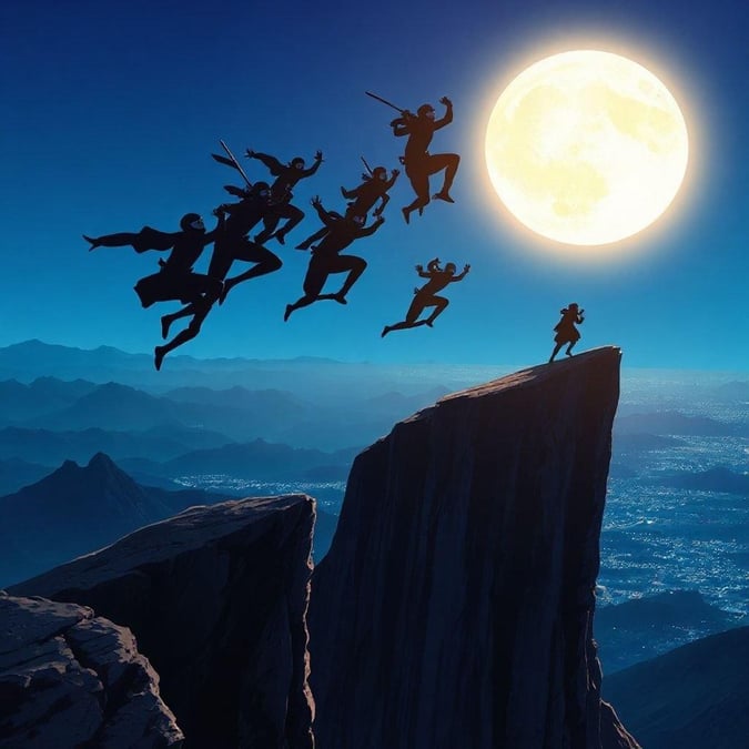 Un gruppo di ninja salta da un dirupo, le loro ombre che contrastano con il cielo illuminato dalla luna in un'atmosfera da anime.