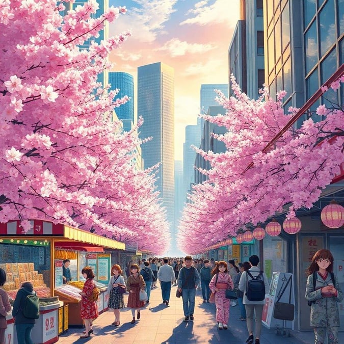 This lively scene captures the vibrant beauty of a city street adorned with cherry blossoms. The blossoming trees, painted in hues of pink and white, create a serene and picturesque backdrop for the bustling urban life below.