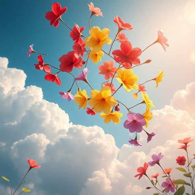 A lively assortment of tropical flowers, floating like dream-like bubbles against a backdrop of soft clouds. A delightful wallpaper for desktop and mobile use.