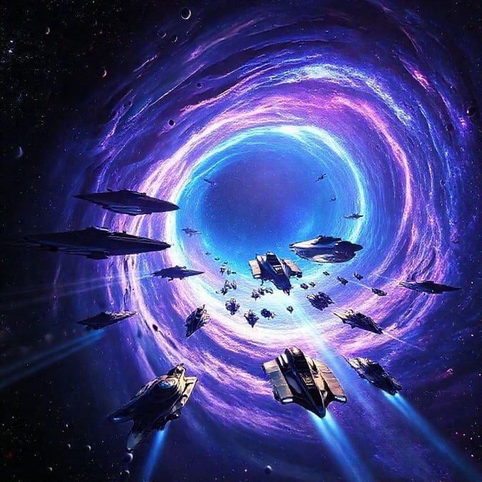 A cosmic scene of intergalactic warfare, where spaceships are lined up for a grand adventure through a galaxy's wormhole.