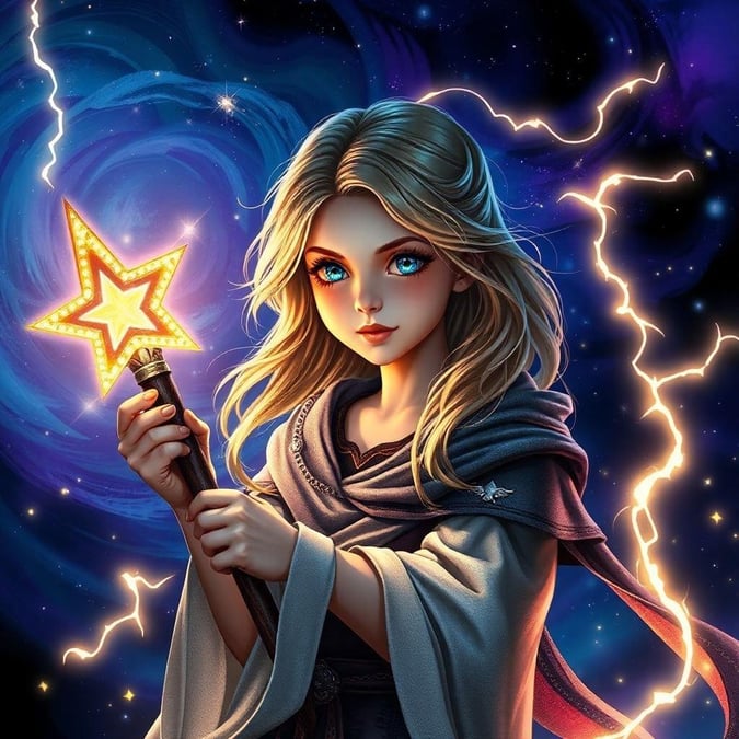 A captivating wizardess casts her mystical star spell, embodying the enchantment of magical adventures.