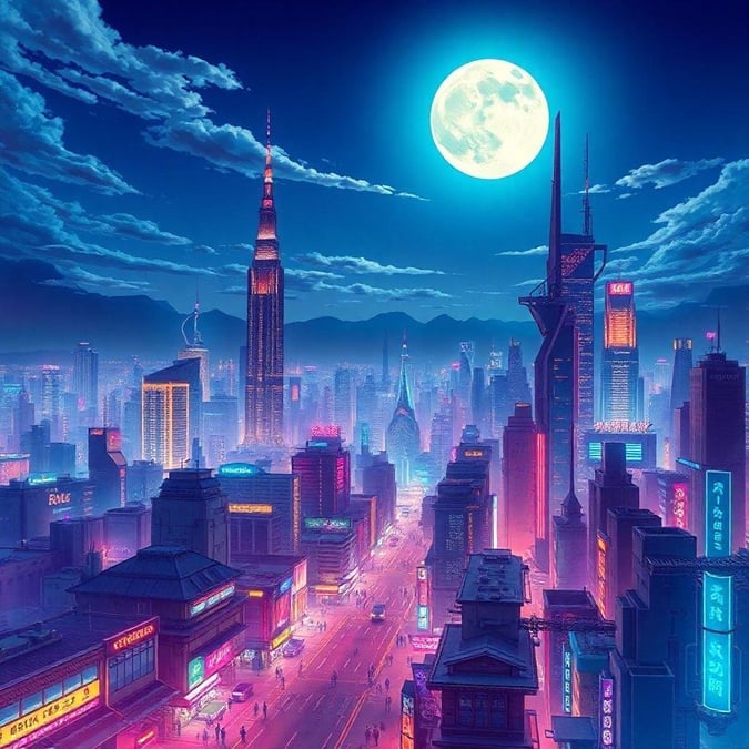 A vibrant neon-lit metropolis under a dark night sky with a full moon, capturing the essence of a futuristic anime city at dusk.