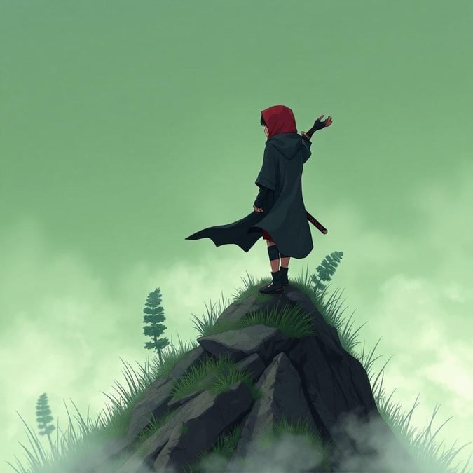 A serene and mysterious anime illustration of a young ninja warrior, perched on top of a mountain peak, with a misty fog surrounding them.