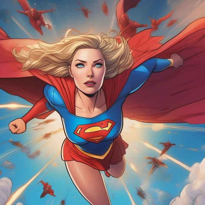 This stunning wallpaper features Supergirl in action, showcasing her iconic blue and red costume with a yellow belt and the Superman logo on her chest. The image captures her dynamic pose, with her arms outstretched and her cape flowing behind her.