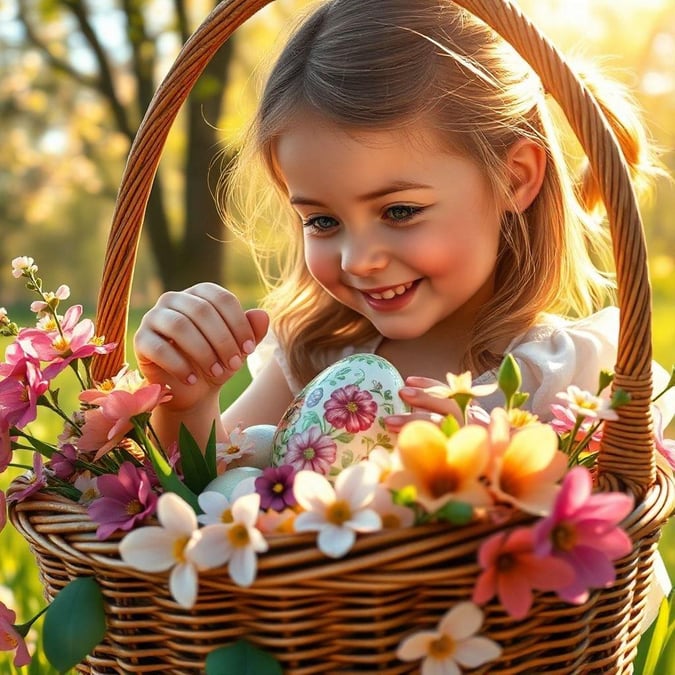 A young girl enjoying the beauty of springtime with an Easter basket filled with joyful treats.