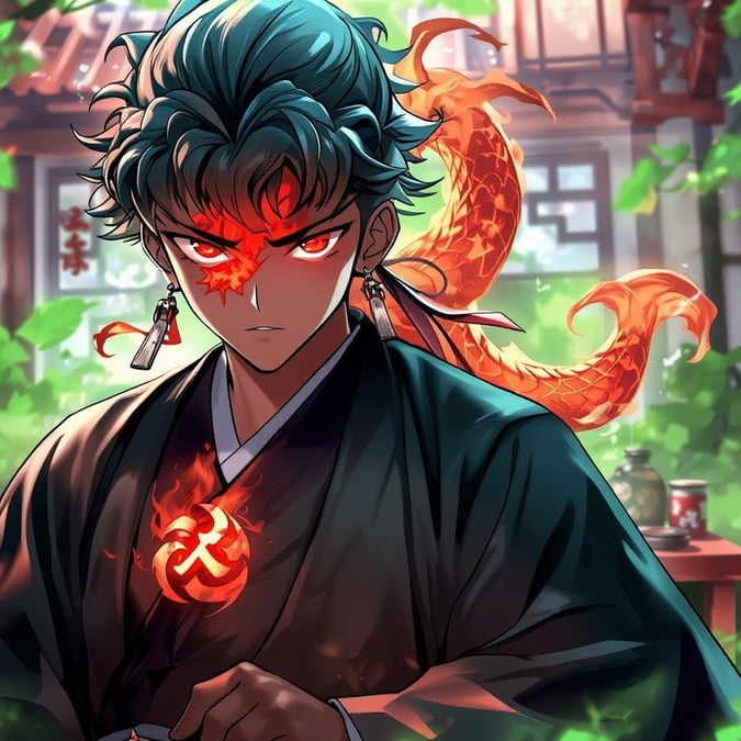 Immerse yourself in the captivating world of anime with this stunning wallpaper featuring a young samurai and a majestic red and orange dragon.