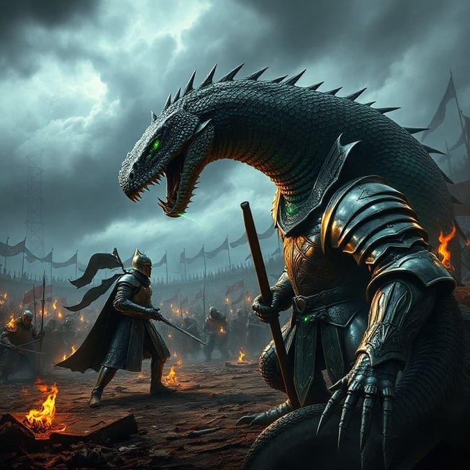 A medieval battle scene featuring two fantastical creatures, a knight, and an army of soldiers. A dragon confronts a warrior in an epic battle set against a dramatic sky.