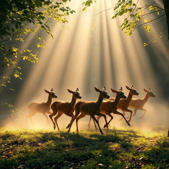 This sunlit forest scene captures the graceful beauty of a group of running deer, their bodies sleek and muscular against the backdrop of trees. The morning sun filters through the canopy overhead, casting a dappled light that bathes everything in sight.