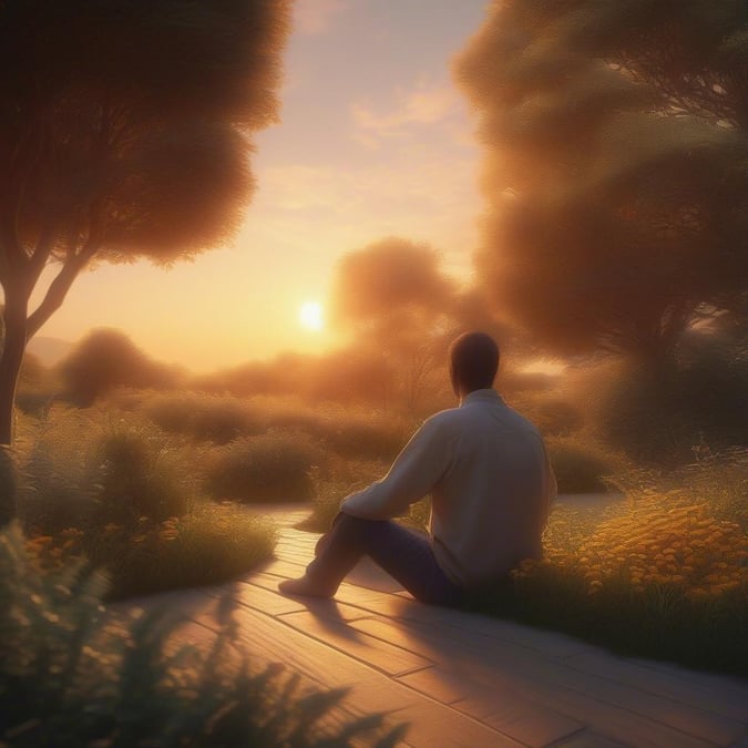 A tranquil sunset scene with a man sitting by himself on a path, overlooking a field. The warm glow of the sun paints the sky and the grassy field in hues of orange and yellow.