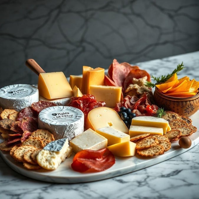 A delightful assortment of cheeses, crackers, and meats to savor. A perfect snack or appetizer for any gathering.