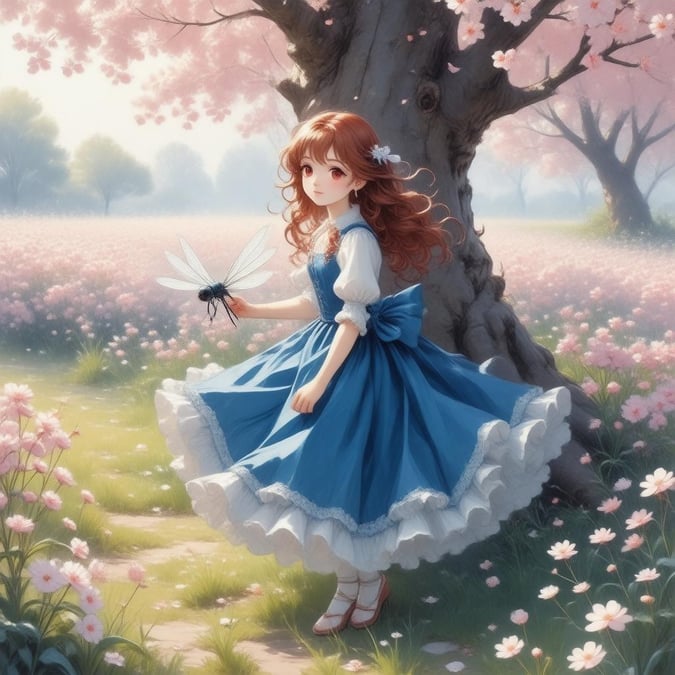 Diese bezaubernde Anime-Illustration zeigt ein junges Mädchen, das auf einer Libelle durch ein Feld von Kirschblüten reitet. Ihre auffälligen roten Augen und das fließende rote Haar heben sich von den sanften rosa und weißen Blumen ab, während ein großer Baumstamm der Szene einen Hauch von Geheimnis verleiht. Das warme Licht schafft eine fesselnde Atmosphäre und macht dieses Bild zu einem perfekten Hintergrund für Desktop- und Mobilgeräte.