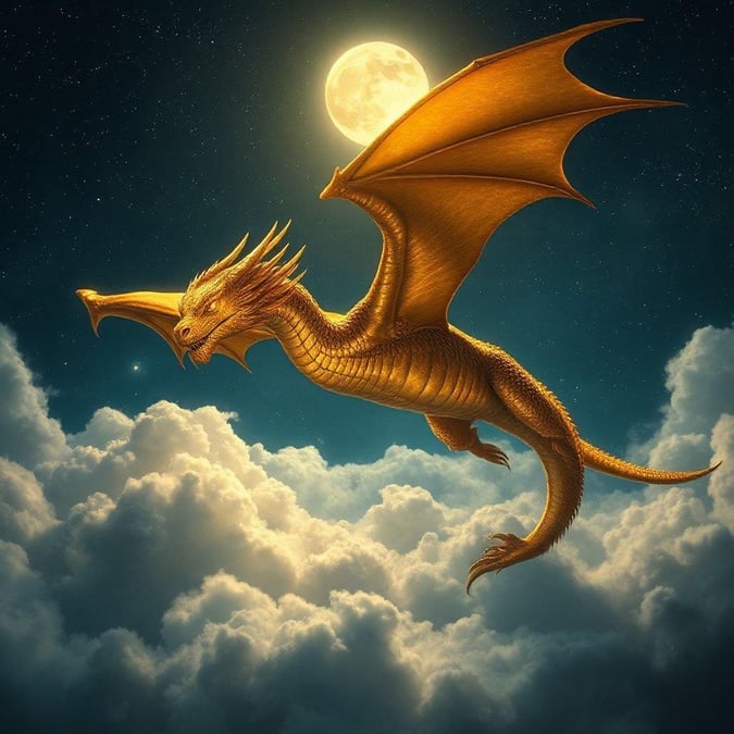 A majestic dragon takes flight against the backdrop of a moonlit night sky.