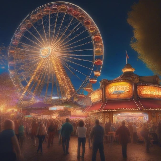 Vibrant festive atmosphere with people enjoying carnival rides under the night sky.