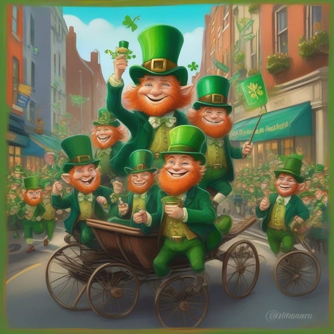 A joyful scene from a St. Patrick's Day parade, filled with smiling leprechauns and their friends celebrating in vivid green attire.