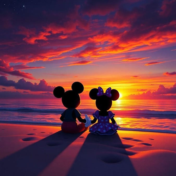 A heartwarming and peaceful wallpaper featuring Mickey Mouse and Minnie Mouse enjoying a romantic sunset on the beach.