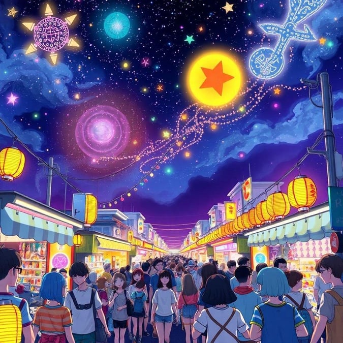 This vibrant anime wallpaper captures the essence of a lively street festival in Japan, with neon lights, a bustling atmosphere, and a crowd of people gathered in the foreground.