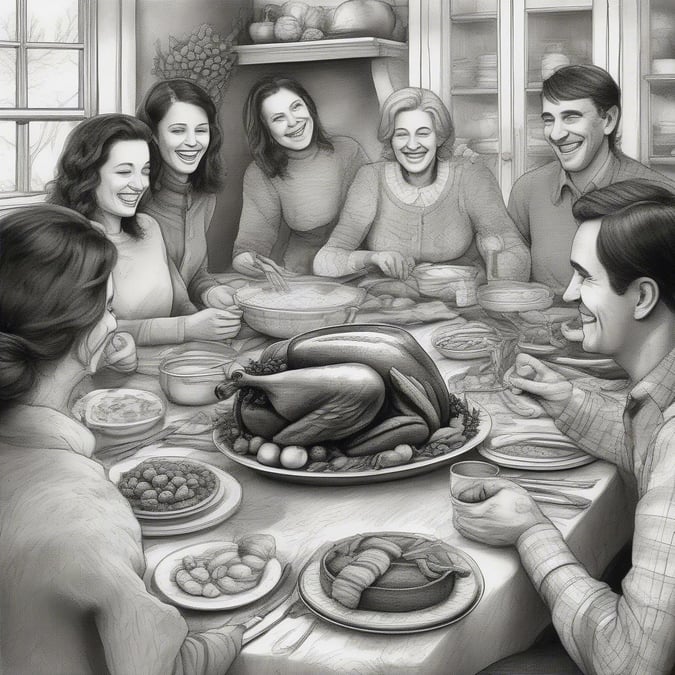 A warm family gathering around a table filled with traditional Thanksgiving dishes, sharing laughter and love.