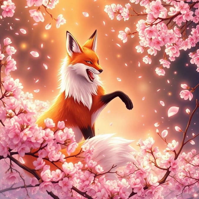 This stunning anime-style illustration features a fox spirit standing amidst a blooming cherry blossom garden, surrounded by vibrant pink and white blossoms. The warm light of the scene brings out the intricate details of the fox's orange fur, creating an enchanting atmosphere.