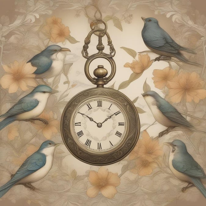 This vintage clock wallpaper adds a touch of classic elegance to your digital devices. The gold-framed clock with Roman numerals stands as the centerpiece against a backdrop adorned with bluebirds and peach blossoms, enhancing its timeless charm.