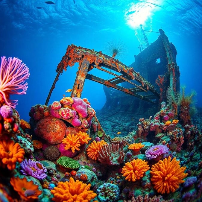 Explore the depths of the ocean where life thrives in this vibrant underwater scene. A sunken structure and lively coral offer a glimpse into the rich biodiversity of our oceans.