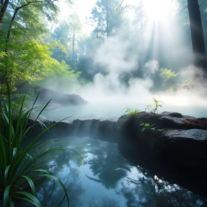 Step into a magical forest clearing where the sun kisses the mist off a serene stream. The tranquil scene evokes a sense of calm and adventure, making it a perfect desktop wallpaper for travel enthusiasts.