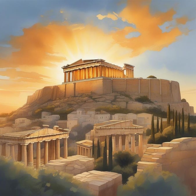 This sunlit scene captures the ancient ruins of the Parthenon temple atop its hill, overlooking a vibrant Athens skyline under an Aegean sunset. This majestic landmark stands as a testament to Greece's rich historical and cultural heritage.