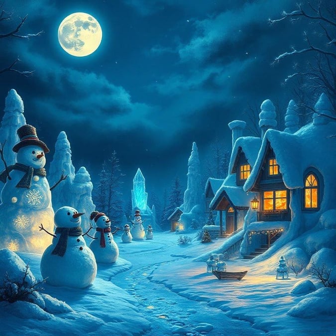 This festive winter wallpaper captures the magic of the season with its enchanting snowmen and serene winter village.