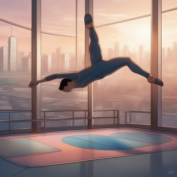 This stunning wallpaper captures the grace and athleticism of an acrobat in mid-air, set against a backdrop of a cityscape. The image showcases the acrobat's flexibility and strength as they perform a daring stunt, with the urban landscape providing a unique and dynamic contrast.