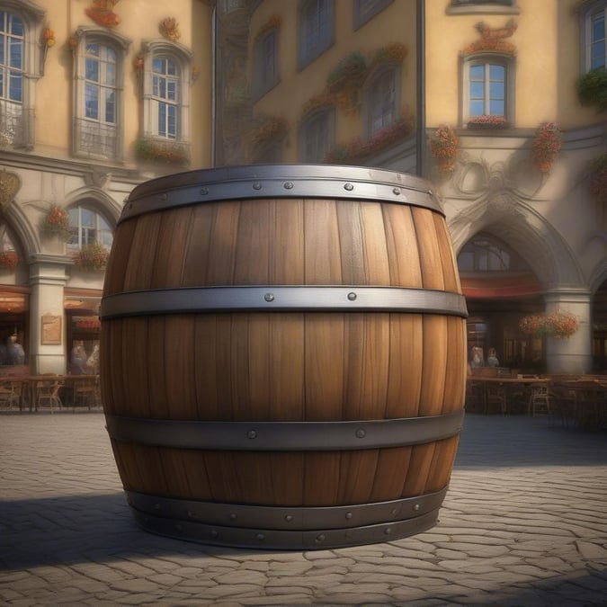 This image captures the charm of Oktoberfest, with a wooden barrel adding warmth to an outdoor setting that features brick buildings and decorative elements typical of this festive season.