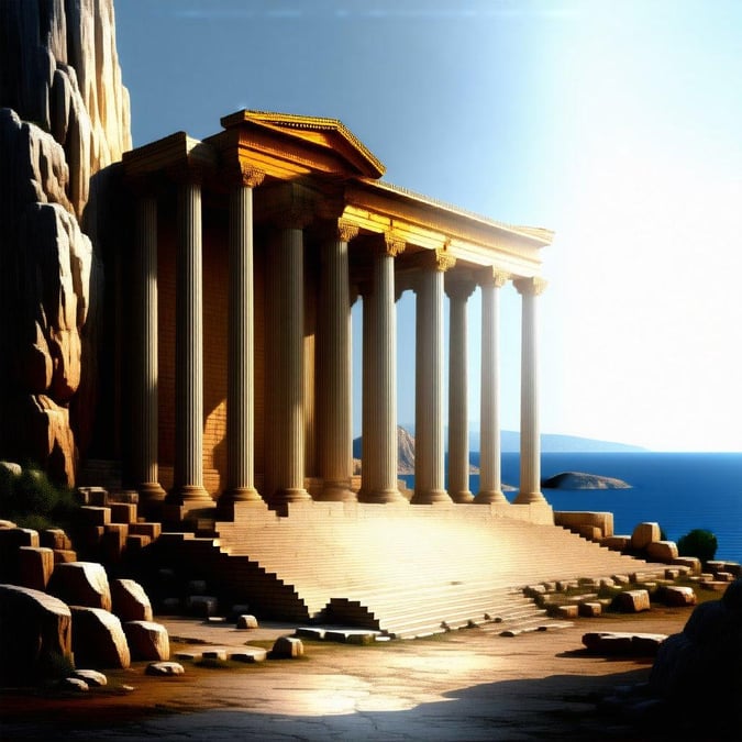 This majestic ancient Greek temple stands tall against the backdrop of a clear blue sky. The columns, crafted from sandstone, gleam under the sunlight, with gold accents adding an air of antiquity and grandeur to the structure.