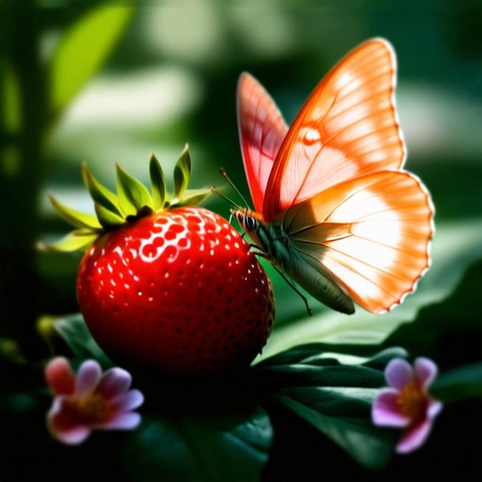 This beautiful wallpaper features a butterfly perched on a strawberry, creating a delightful and appetizing scene. The vibrant colors and detailed design make it perfect for adding a touch of nature and whimsy to your desktop or mobile device.