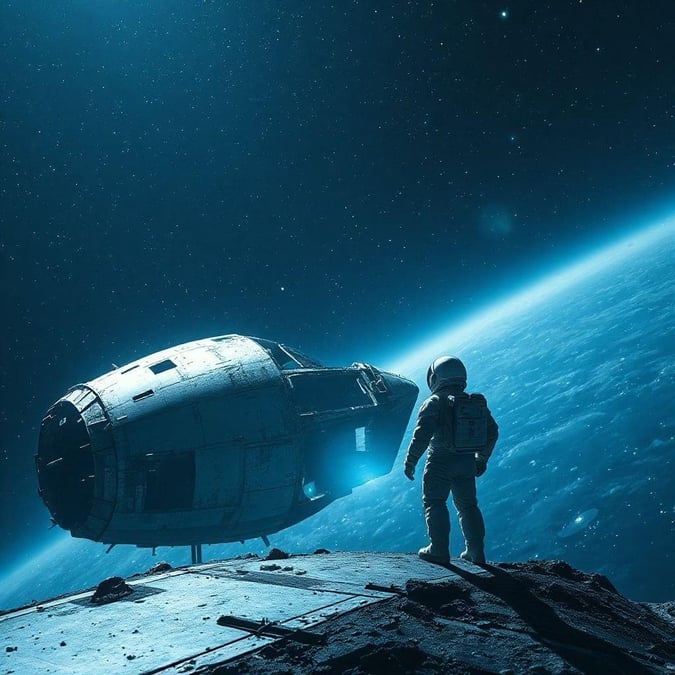 An astronaut stands on a rocky surface, gazing out at a spaceship in space. The astronaut is attired in a white spacesuit and helmet, with their back to the viewer. The spaceship is positioned to the left of the astronaut, with its front end facing the camera. The background of the image features a starry sky, with the sun or another celestial body shining brightly in the distance.