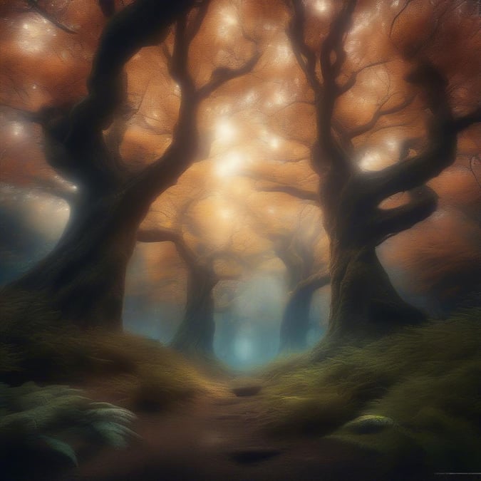 Embark on an enchanting journey through the mystical forest, where ancient trees stand tall as beams of light filter down from above. This digital art piece captures the ethereal beauty and tranquility of nature in its most otherworldly form.