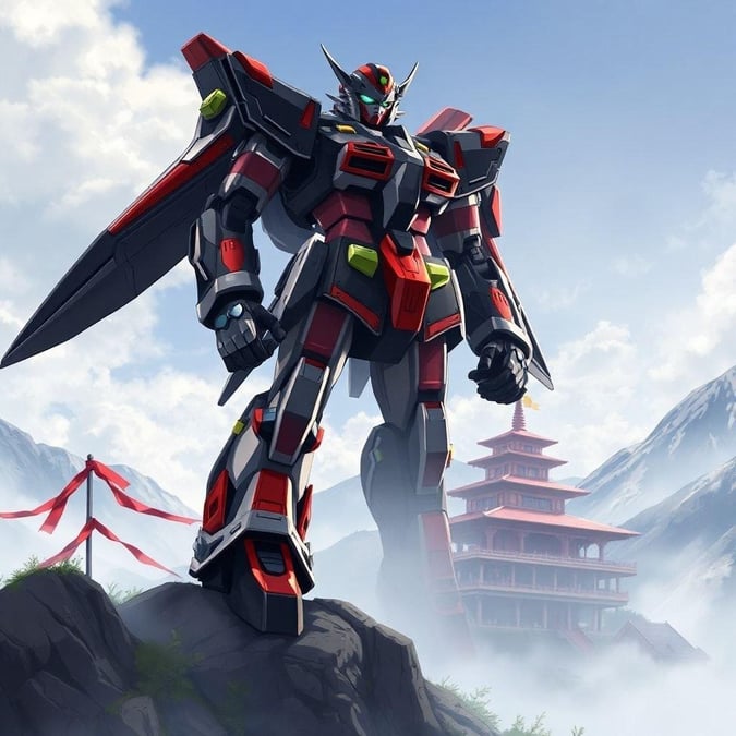 This anime-inspired wallpaper features a powerful robot standing over a majestic temple, set against a misty mountainous landscape with prayer flags. The illustration captures a moment of enchantment and power, with the robot's powerful pose and intricate details of its armor.