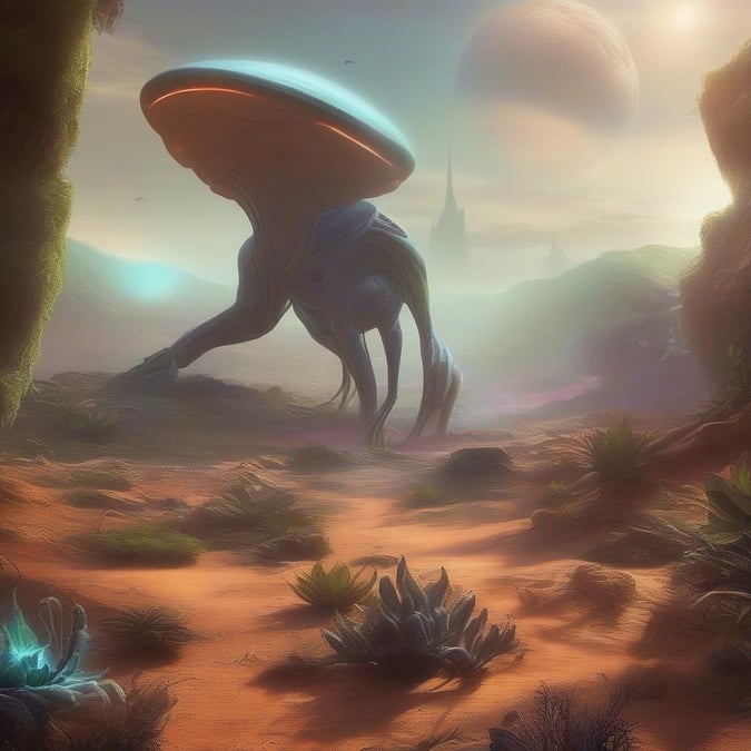 This digital artwork captures an otherworldly scene on a desert planet where a large alien spaceship with a dome-like structure has landed. The landscape is barren, featuring dry red sand and sparse vegetation under the glow of a warm sunrise or sunset. In the background, you can see silhouettes of distant planets and stars against a hazy sky.