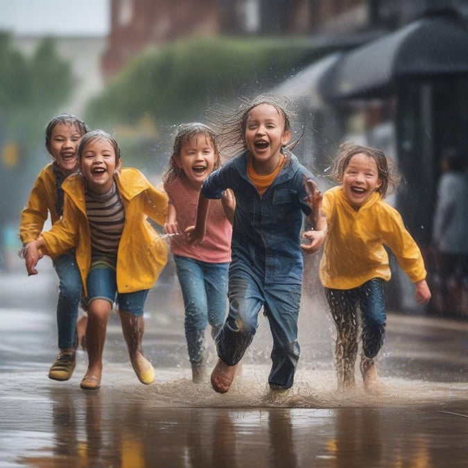 A fun, seasonal image of five children running through the rain. A cheerful scene of kids enjoying a rainy day, possibly after school or on vacation. Perfect for a desktop wallpaper that captures a moment of joy and playfulness.