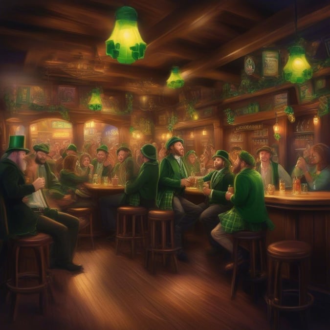 Friends come together to celebrate the joyous occasion at a traditional Irish pub, complete with festive decorations and green beer on tap.