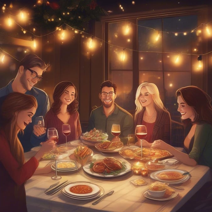 A joyous holiday gathering of friends around a table filled with delicious food.