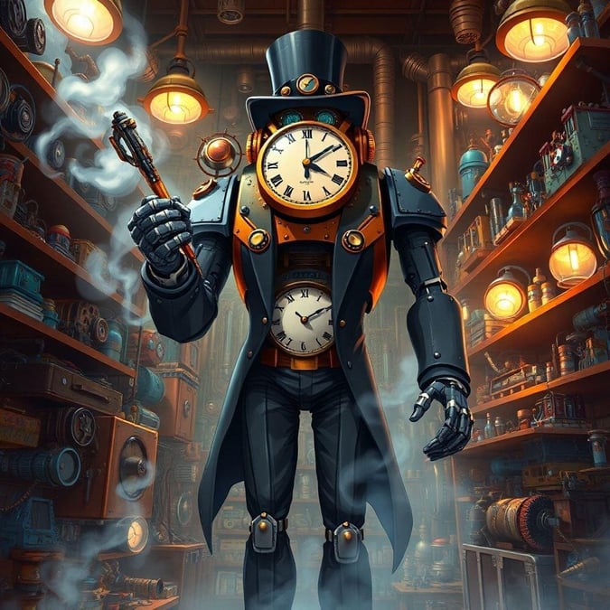 Un'illustrazione steampunk intricata di un inventore meccanico immerso nel suo lavoro. Il robot si trova in un laboratorio disordinato, circondato da una serie di ingranaggi e macchinari che riflettono lo spirito inventivo.